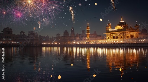 Fireworks reflect on a serene South Asian river, celebrating the night with space for text