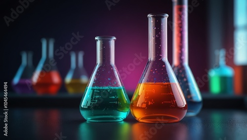 Experimental flask with neon colored liquid Science and chemistry concepts Test tube or glass beaker on technology background