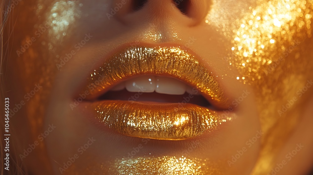 Close-up of a woman's lips with gold glitter makeup. Close-up of a woman's lips with gold glitter makeup.