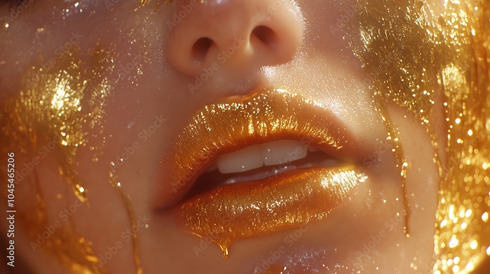 Close-up of a woman's face with gold makeup dripping down her cheeks. Close-up of a woman's face with gold makeup dripping down her cheeks.