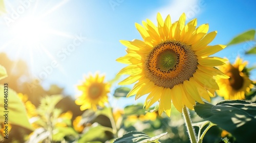 A single sunflower in a field, with its face turned towards the sun, basking in the warmth of a bright summer day.