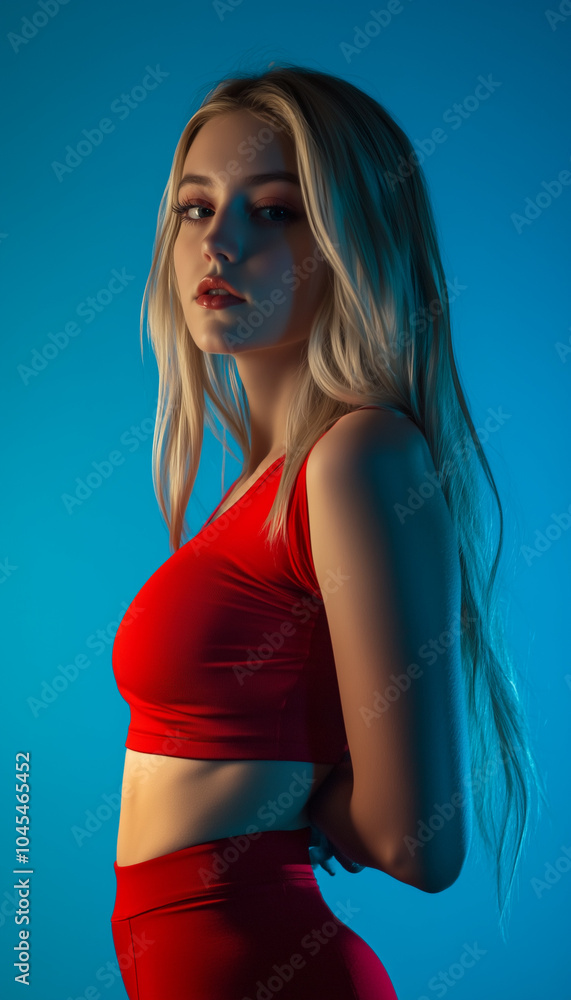 Blonde girl in red top and red leggings against blue studio wall background Blonde girl in red top and red leggings against blue studio wall background