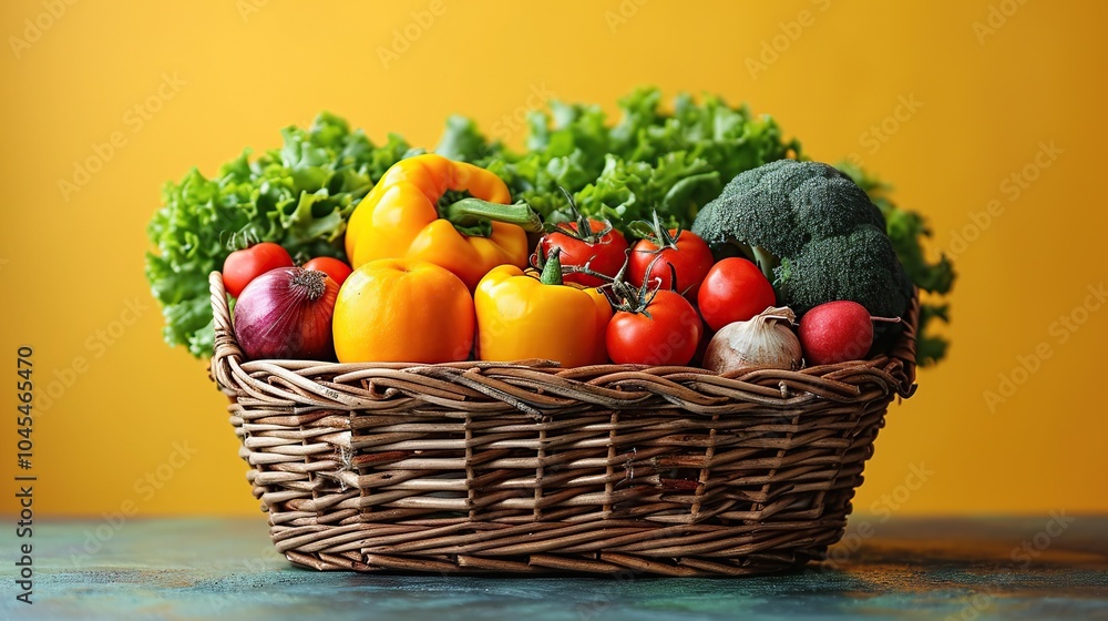 Assorted organic vegetables and fruits in wicker basket isolated on yellow background. Assorted organic vegetables and fruits in wicker basket isolated on yellow background.