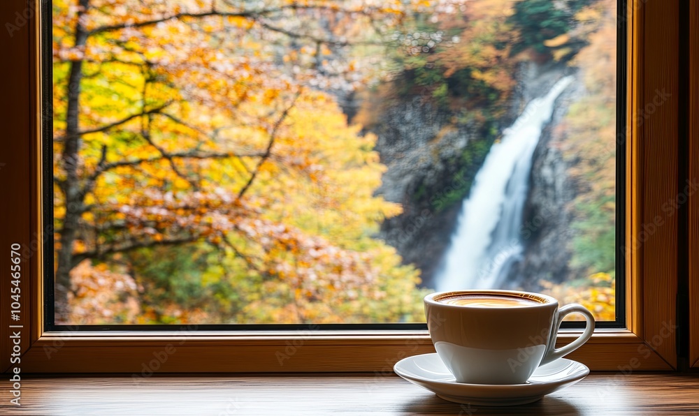 A cup of coffee sits on a windowsill, overlooking a waterfall cascading through autumn foliage. A cup of coffee sits on a windowsill, overlooking a waterfall cascading through autumn foliage.