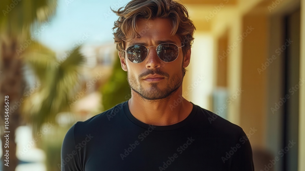 casual man wearing a black halfsleeve tshirt wellfitted as he stands confidently showcasing a contemporary fashion statement in a minimalist style casual man wearing a black halfsleeve tshirt wellfitted as he stands confidently showcasing a contemporary fashion statement in a minimalist style