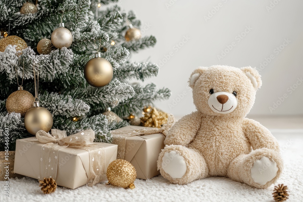 Cozy Christmas living room with a decorated tree, gifts, and a teddy bear on a white background. Minimalist holiday decor concept. Cozy Christmas living room with a decorated tree, gifts, and a teddy bear on a white background. Minimalist holiday decor concept.