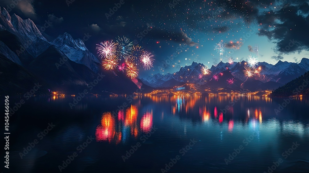 Fireworks reflect on a South Asian mountain lake, celebrating with vibrant colors and space for text Fireworks reflect on a South Asian mountain lake, celebrating with vibrant colors and space for text