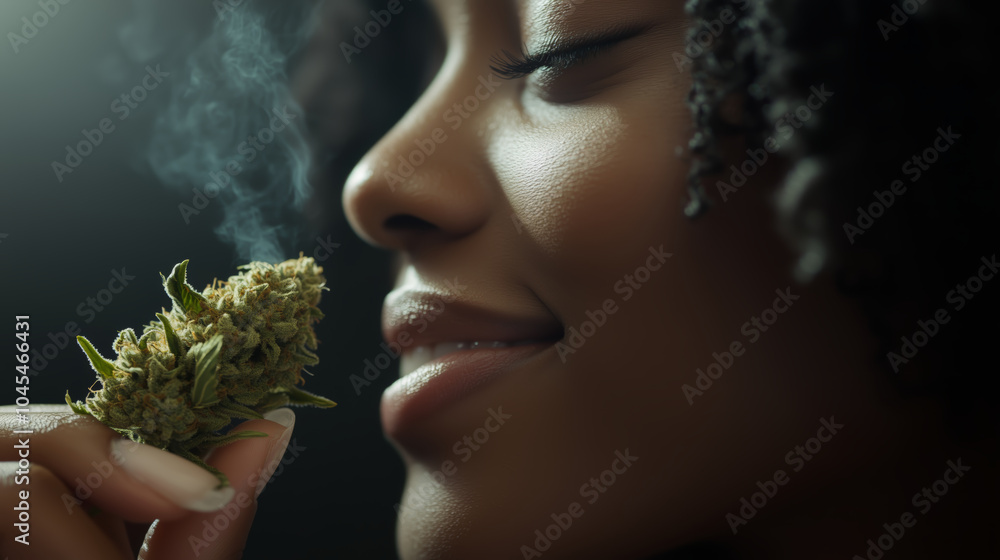 Woman Smiling and Savoring the Aroma of Cannabis Bud Woman Smiling and Savoring the Aroma of Cannabis Bud