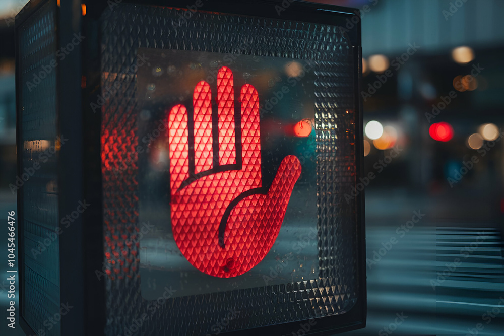 A red hand signal on a traffic light indicates to pedestrians to stop, ensuring safety at an intersection in a city.