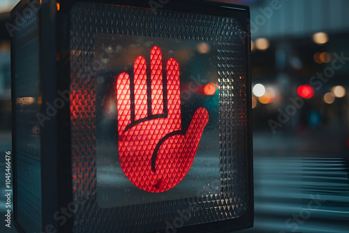 Obraz na płótnie A red hand signal on a traffic light indicates to pedestrians to stop, ensuring safety at an intersection in a city. w salonie