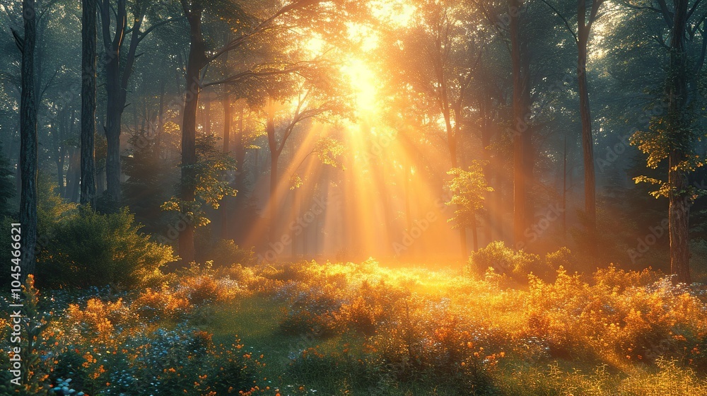 Wooded forest trees backlit by golden sunlight before sunset with sun rays pouring through trees on forest Wooded forest trees backlit by golden sunlight before sunset with sun rays pouring through trees on forest