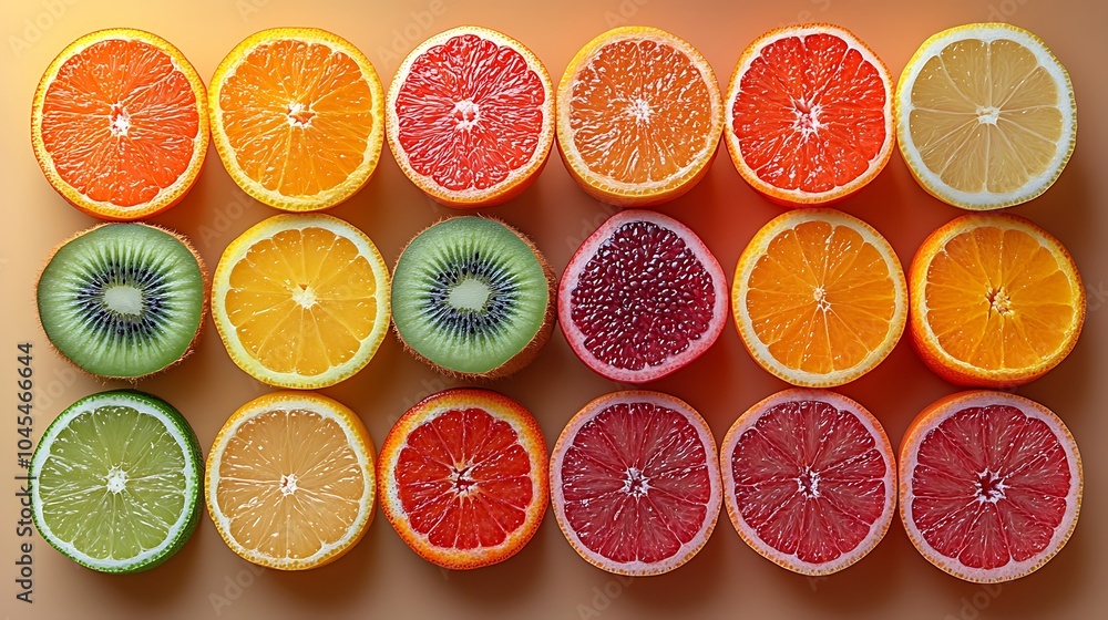 A flat lay of citrus fruits, including oranges, lemons, limes, grapefruits, and kiwi, arranged in a grid pattern. A flat lay of citrus fruits, including oranges, lemons, limes, grapefruits, and kiwi, arranged in a grid pattern.