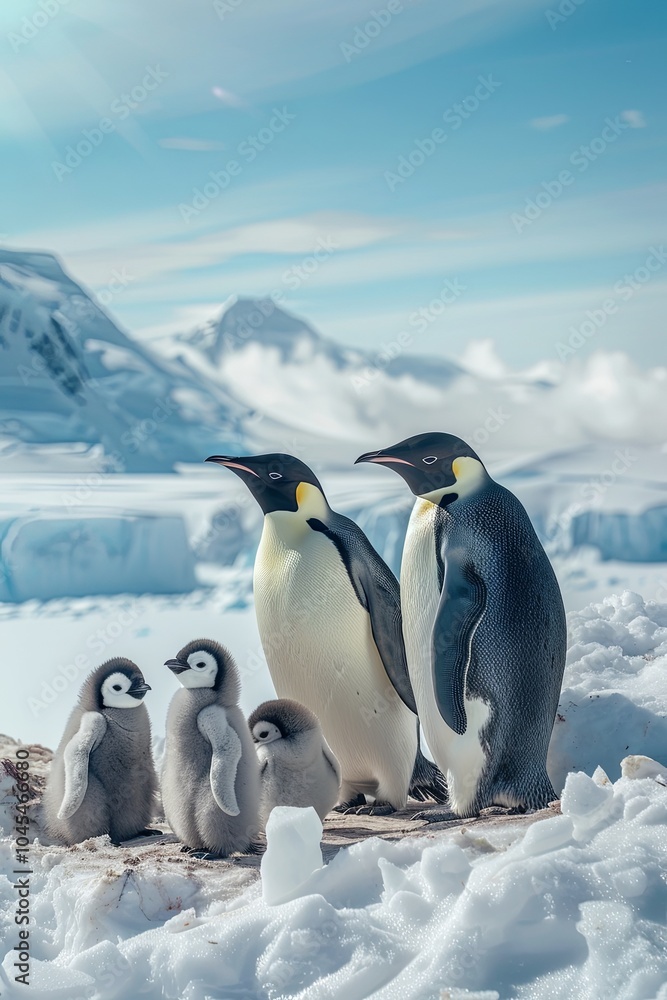 Obraz premium A family of Emperor penguins stand on a snowy mountainside in Antarctica.