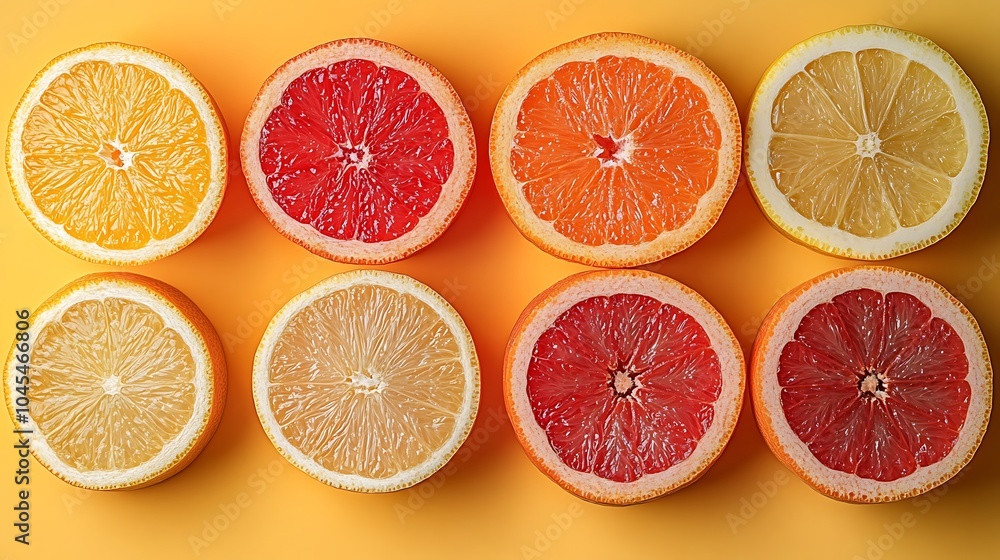 Obraz premium A flat lay of eight halved citrus fruits arranged in a row on a yellow background. The fruits are lemons, oranges, and grapefruits.