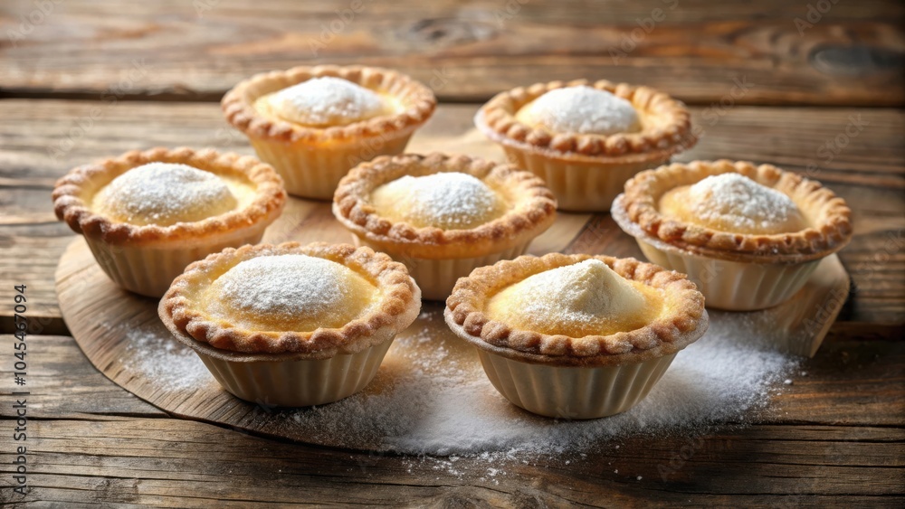 A rustic wooden table with a wooden board featuring freshly baked miniature tarts, dusted with a generous layer of powdered sugar, inviting a delightful and sweet treat. A rustic wooden table with a wooden board featuring freshly baked miniature tarts, dusted with a generous layer of powdered sugar, inviting a delightful and sweet treat.