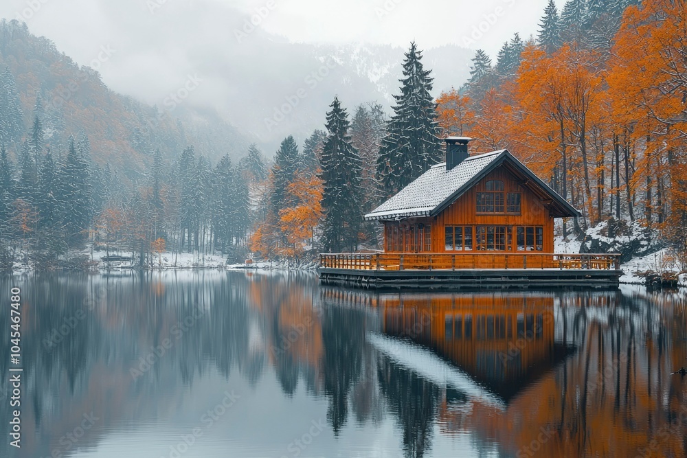 Fototapeta premium A wooden cabin on a snow-covered lake in a misty forest
