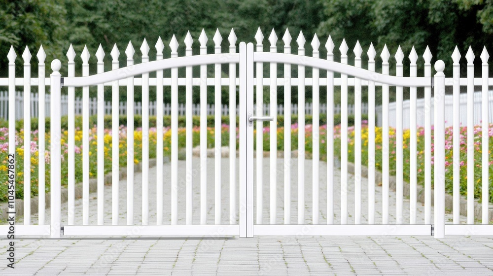Ornate White Picket Fencing Leading to Lush Landscaped Garden Pathway Ornate White Picket Fencing Leading to Lush Landscaped Garden Pathway