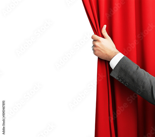 A man's hand opening red curtain isolated on transparent PNG or white background. Theatre decoration.