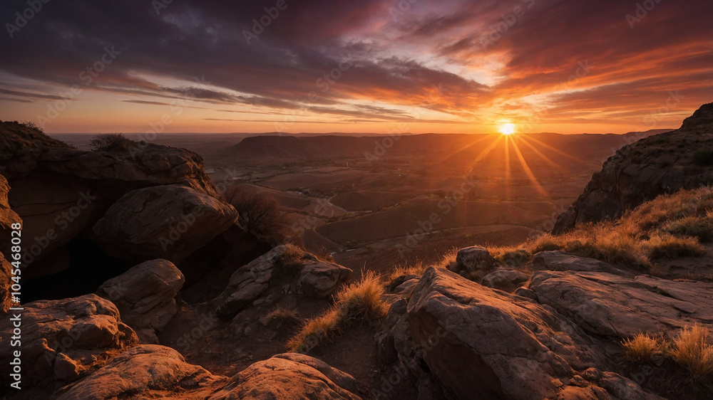 Sun setting over a vast canyon landscape, viewed from a cave entrance with rocky surroundings. Sun setting over a vast canyon landscape, viewed from a cave entrance with rocky surroundings.