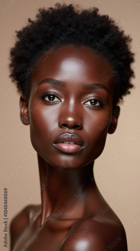 Elegant Black Female Model in High-Fashion Glamour Photography – Natural Beauty with Melanin Glow on Neutral Background Elegant Black Female Model in High-Fashion Glamour Photography – Natural Beauty with Melanin Glow on Neutral Background