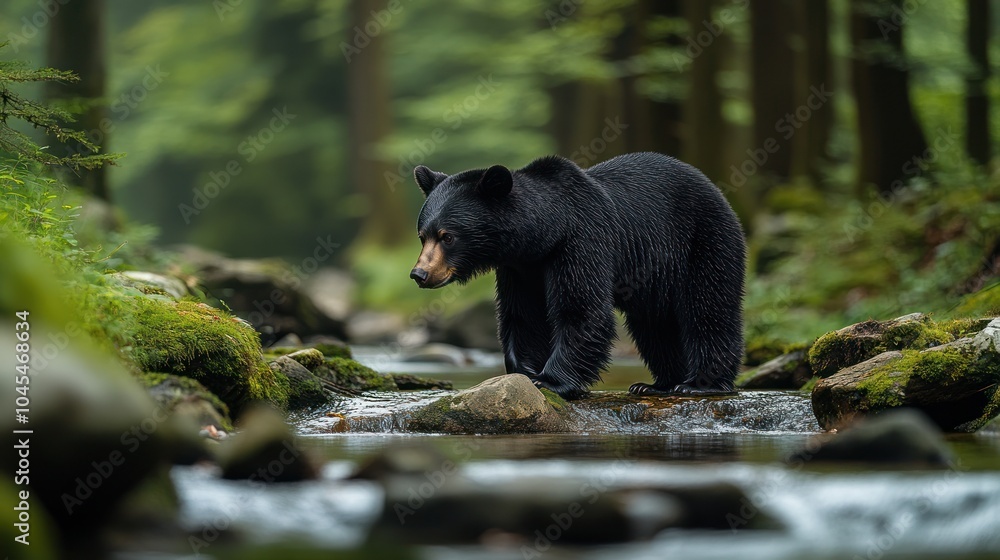 A black bear stands in a forest stream, looking down at the water. A black bear stands in a forest stream, looking down at the water.