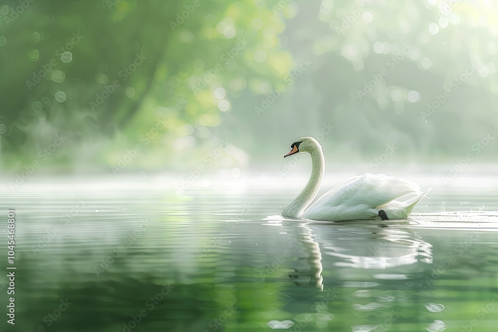 Fototapeta premium A graceful white swan glides through a tranquil misty lake, bathed in the soft light of sunrise. Its elegant form and serene surroundings create a peaceful atmosphere.