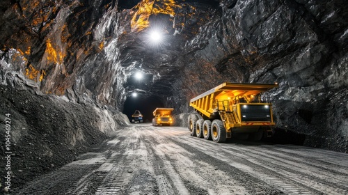 Autonomous mining equipment in operation, with self-driving trucks and robots working in a large-scale mine. photo