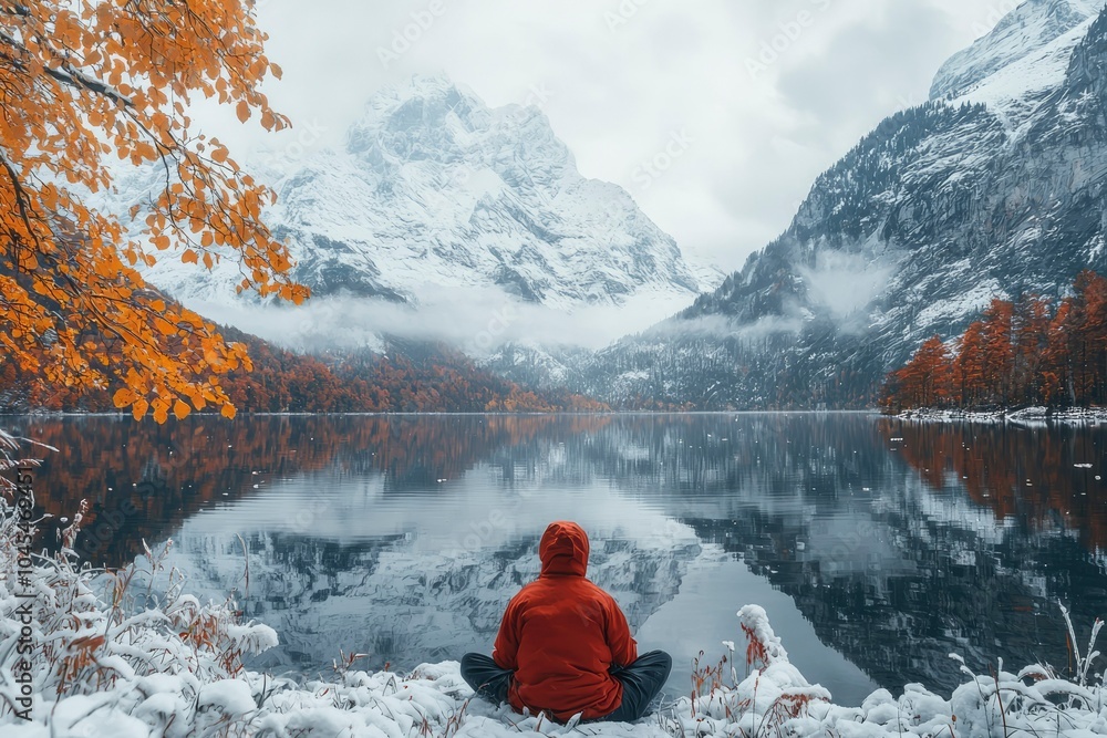 A lone hiker sits on a snowy lakeshore, taking in the view of snow-capped mountains and a misty lake.