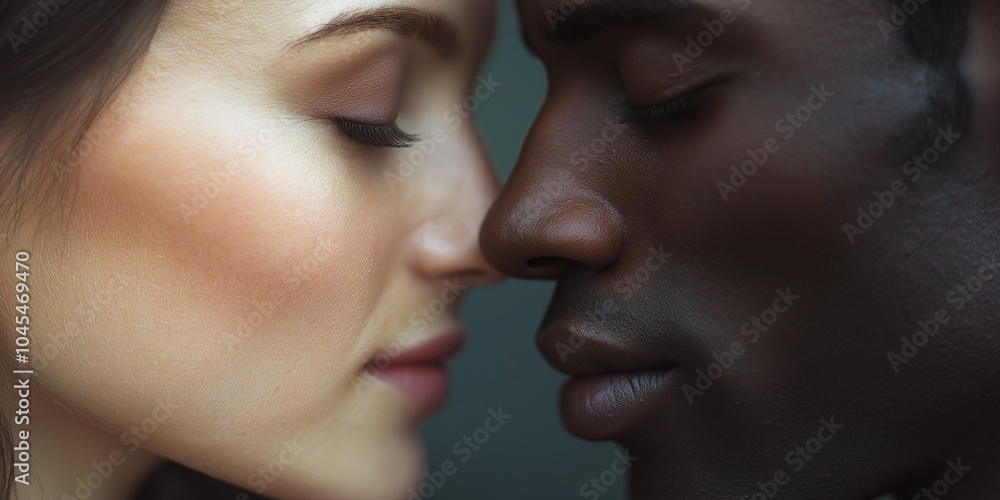 Interracial couple touching noses showing love Interracial couple touching noses showing love