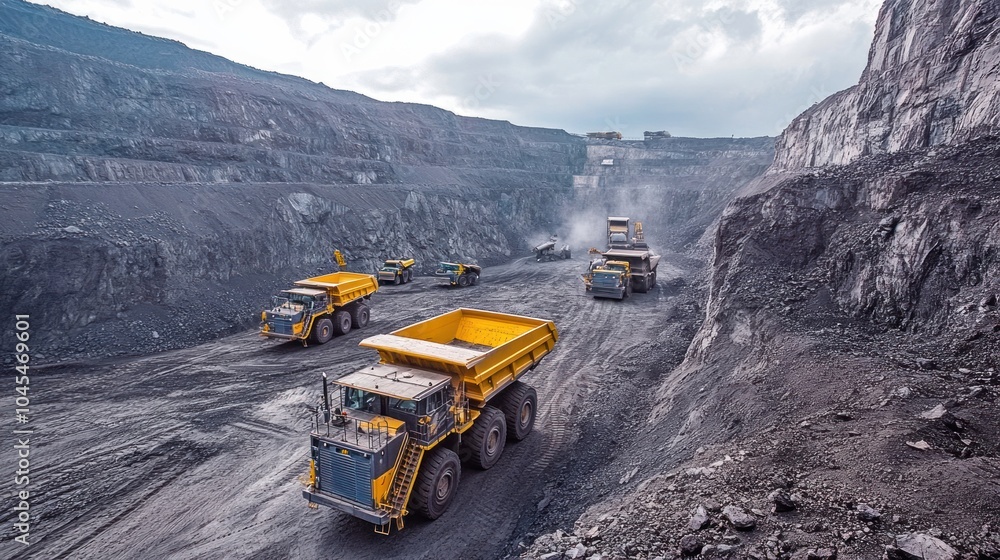 Autonomous mining equipment in operation, with self-driving trucks and robots working in a large-scale mine.