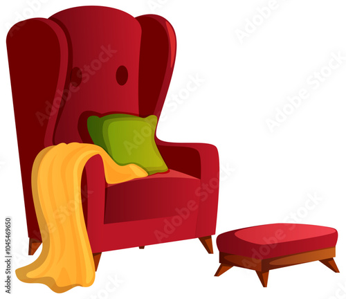 Red Armchair with Green Pillow Yellow Blanket & Pedestal Stool - Isolated Interior Furniture 