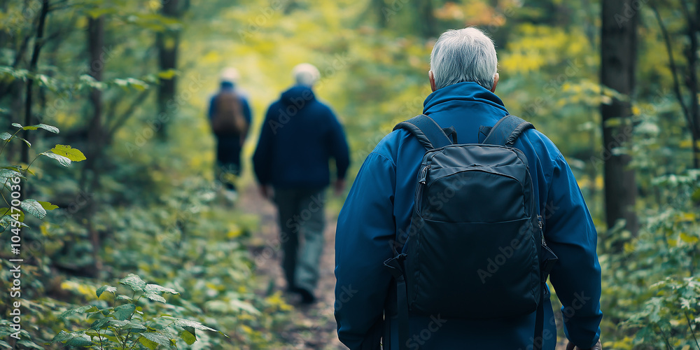 Group of senior men hiking through forest trail Group of senior men hiking through forest trail