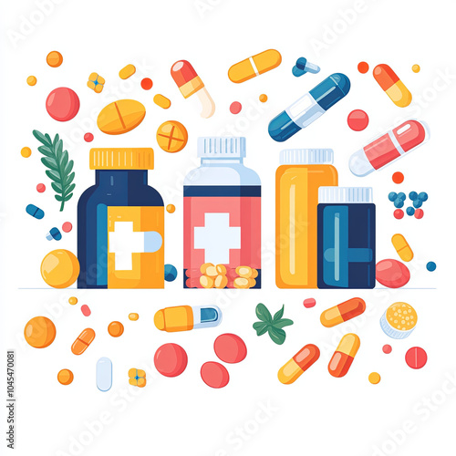 Colorful scattered vitamin tablets and various medicine bottles create vibrant and lively composition. assortment includes capsules, pills, and herbal elements, conveying sense of health and