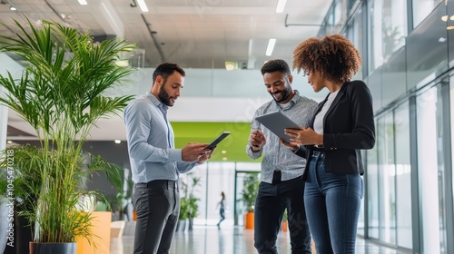 Close up of casual diverse managers with tablet at green corporate office.