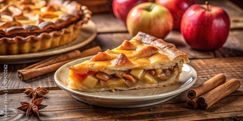 A slice of golden apple pie on a rustic wooden table, accompanied by fresh apples, cinnamon sticks, and star anise.