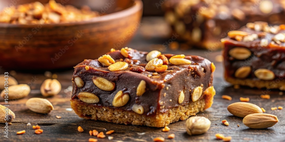 A close-up of a rich chocolate fudge bar topped with roasted nuts, a delectable dessert for any occasion. A close-up of a rich chocolate fudge bar topped with roasted nuts, a delectable dessert for any occasion.