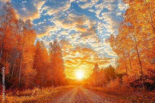 A vibrant autumn sky at sunset, with the golden sun setting behind the horizon, filling the sky with rich autumn colors