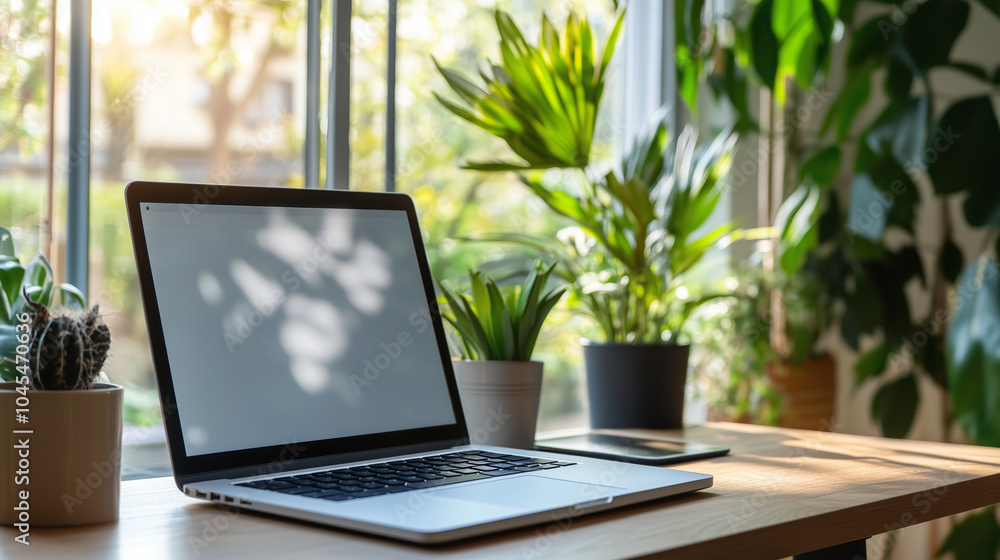 Laptop on desk with indoor plants near window Laptop on desk with indoor plants near window