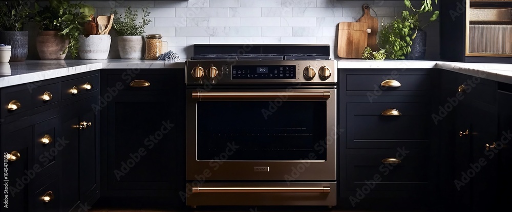 Fototapeta premium Modern kitchen with a gold oven and black cabinets.