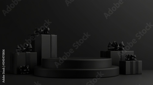 A black podium on a black background. There are black boxes with gifts nearby. An advertising concept on the theme of Black Friday, the day of discounts