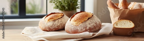 A sourdough bread with a crisp, rustic crust and soft interior, freshly baked in a warm, traditional bakery setting photo