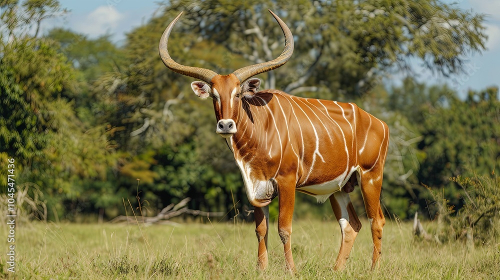 A large, brown and white antelope with long, curved horns stands in a grassy field, looking directly at the camera. A large, brown and white antelope with long, curved horns stands in a grassy field, looking directly at the camera.