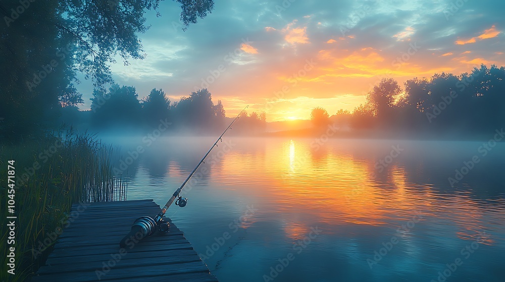 A fishing rod rests on a wooden dock overlooking a tranquil lake at sunrise, with a misty atmosphere and colorful sky reflecting on the water. A fishing rod rests on a wooden dock overlooking a tranquil lake at sunrise, with a misty atmosphere and colorful sky reflecting on the water.