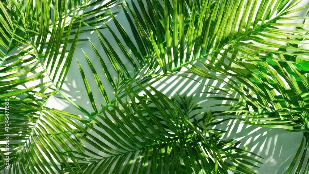 Lush green palm leaves create a vibrant, tropical backdrop with light and shadow play. Lush green palm leaves create a vibrant, tropical backdrop with light and shadow play.