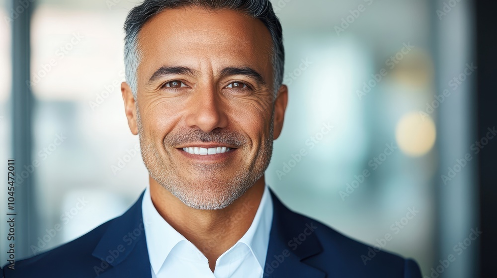 A close-up portrait of a confident, middle-aged Indian or Latin male CEO in a suit, smiling at the camera against an office background. A close-up portrait of a confident, middle-aged Indian or Latin male CEO in a suit, smiling at the camera against an office background.