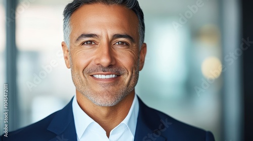 A close-up portrait of a confident, middle-aged Indian or Latin male CEO in a suit, smiling at the camera against an office background.