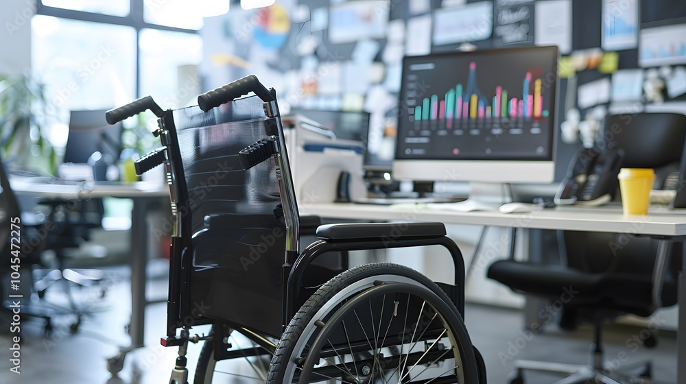 Wheelchair in an office setting with a computer screen displaying a colorful graph in the background. Wheelchair in an office setting with a computer screen displaying a colorful graph in the background.