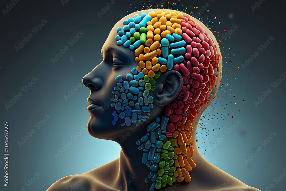 Obraz premium Conceptual Brain Illustration Composed of Tablets and Pills Symbolizing Mental Health and Medication
