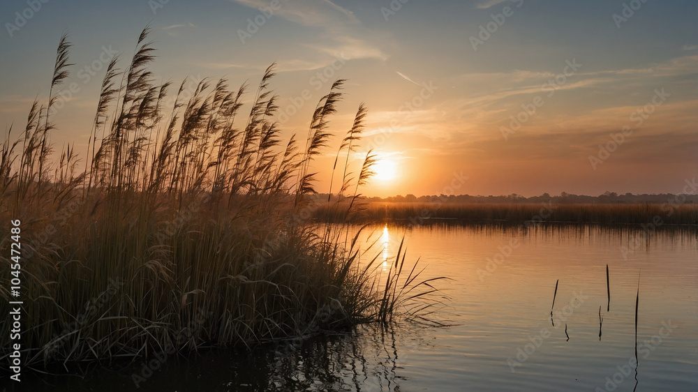 A serene sunset over a calm lake framed by tall grass, bathed in warm golden hues creating tranquility. A serene sunset over a calm lake framed by tall grass, bathed in warm golden hues creating tranquility.