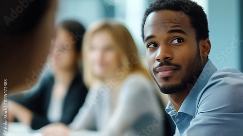 Diverse group of team members in business casual attire seated at a meeting table one person explaining while others listen